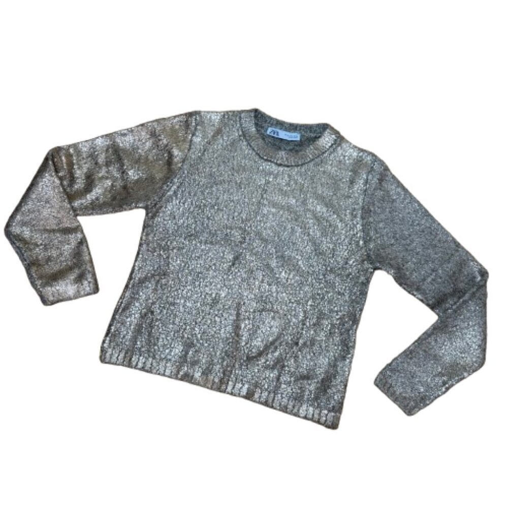 ZARA Metallic Gold Coated CrewNeck Sweater Size Medium